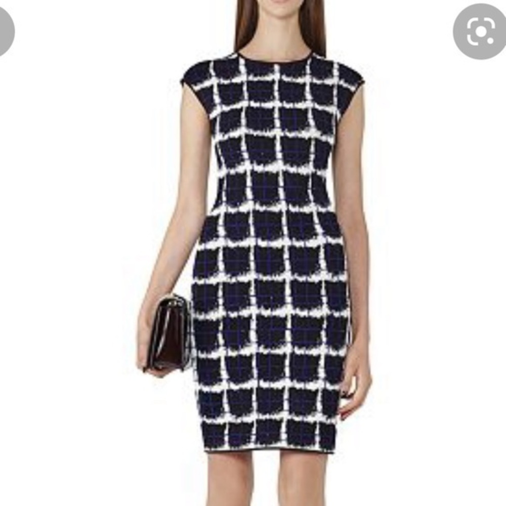 Reiss Vanessa Plaid Shift Knit Dress Mini Size 6 Cap Sleeve Office
